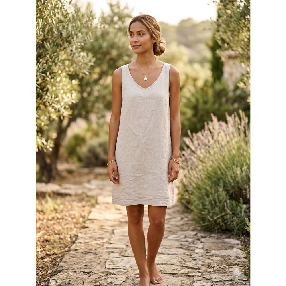J. Crew 100% Linen Shift Dress P12 Petite Oatmeal Beige Sleeveless Summer coasta